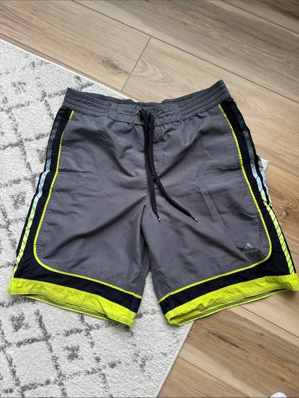 ADIDAS GRAY AND NEON YELLOW ATHLETIC SWIM TRUNKS